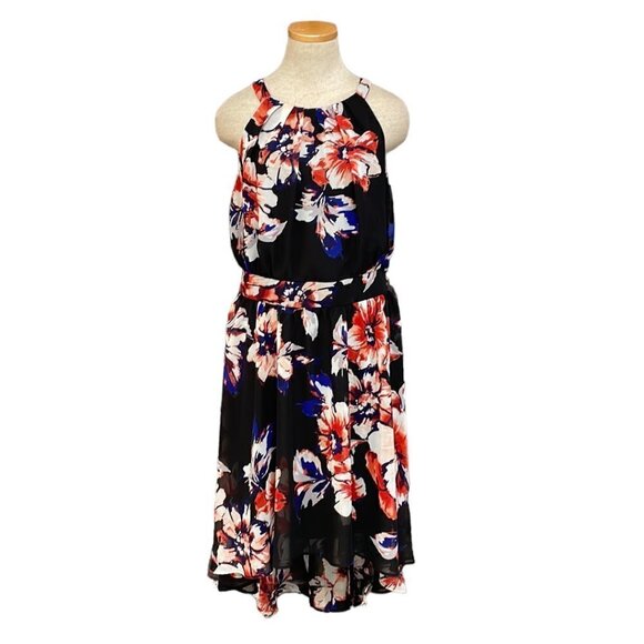 INC Varsity Dress NWT High Low Blouson Floral Bouquet Black Red Size 16 - Picture 1 of 16